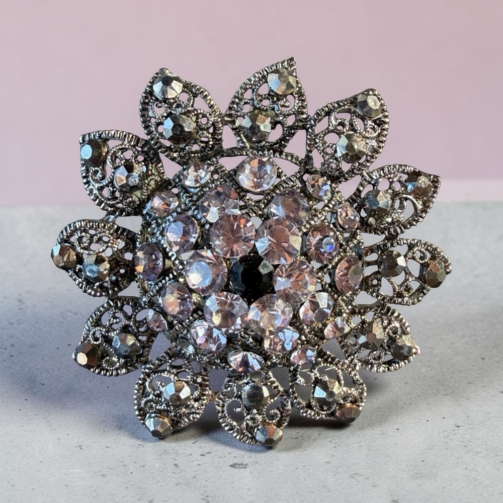 Vintage Large Rhinestone Brooch with Smoky Crystal Gunmetal Filigree